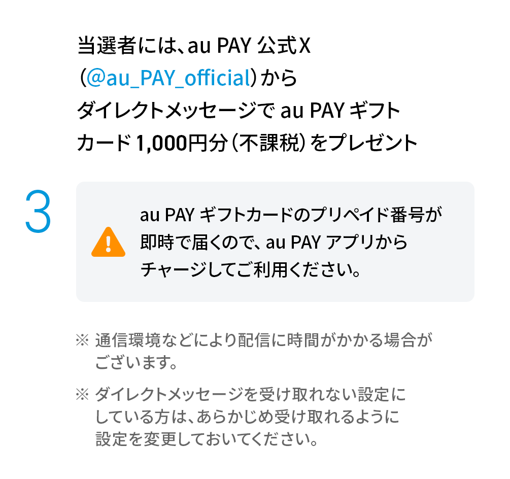 3. 当選者には、au PAY 公式X（旧Twitter）（@au_PAY_official）からダイレクトメッセージで au PAY ギフトカード1,000円分（不課税）をプレゼント