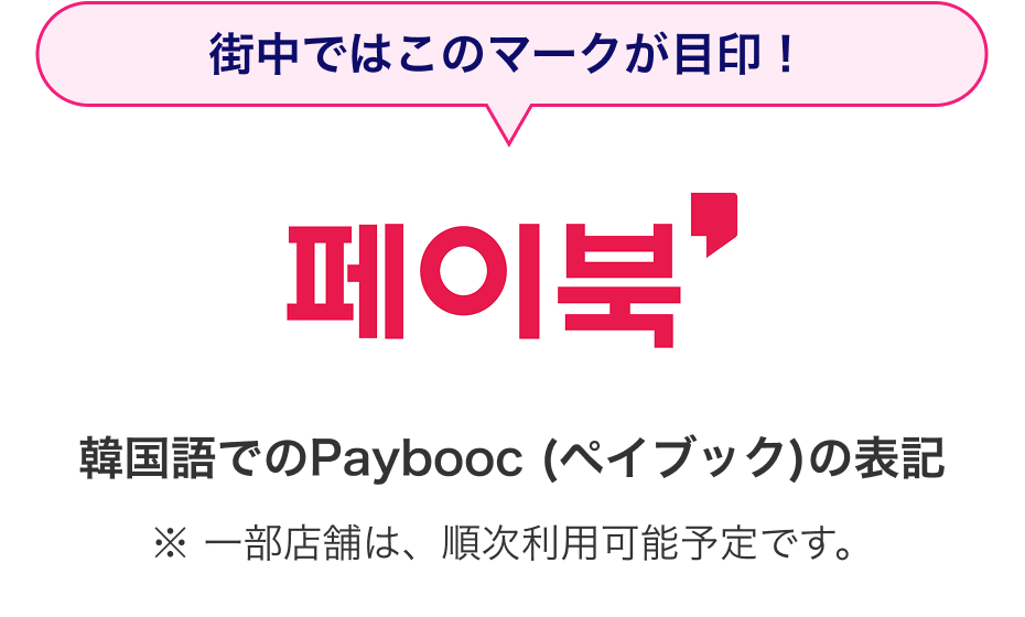 街中ではこのマークが目印！韓国語でのPaybooc (ペイブック）の表記 ※一部店舗は、順次利用可能予定です。