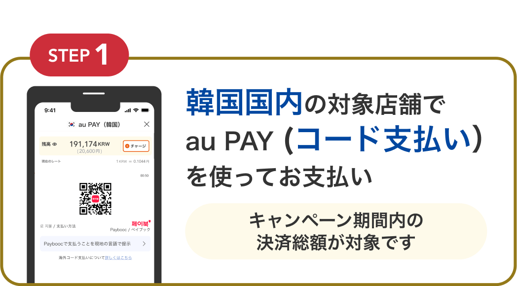 STEP1 韓国国内の対象店舗でau PAY (コード支払い)を使ってお支払い キャンペーン期間内の決済総額が対象です