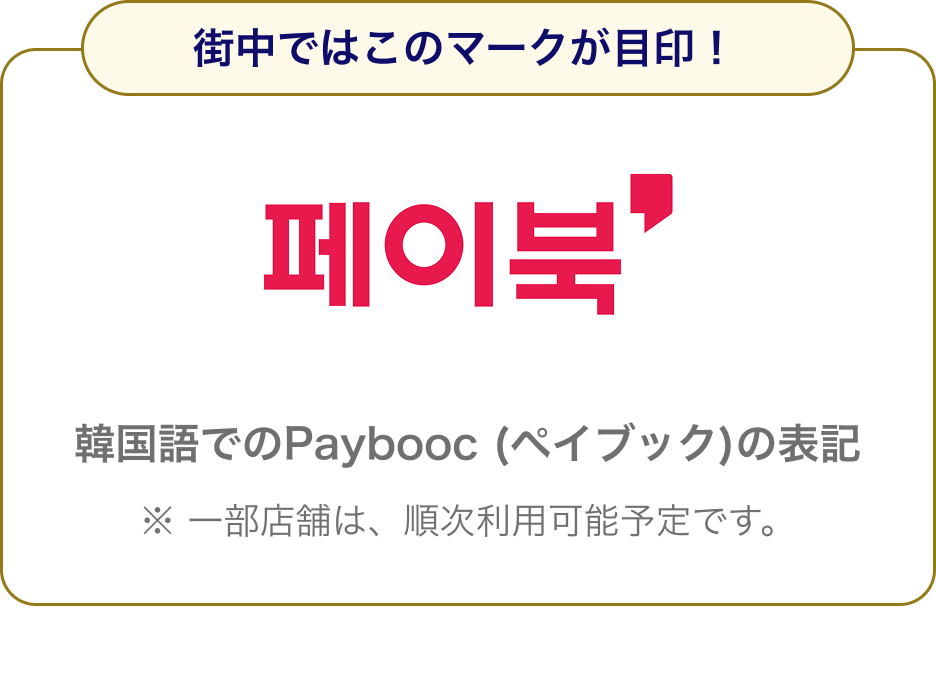 街中ではこのマークが目印！韓国語でのPaybooc（ペイブック）の表記 ※一部店舗は、順次利用可能予定です。
