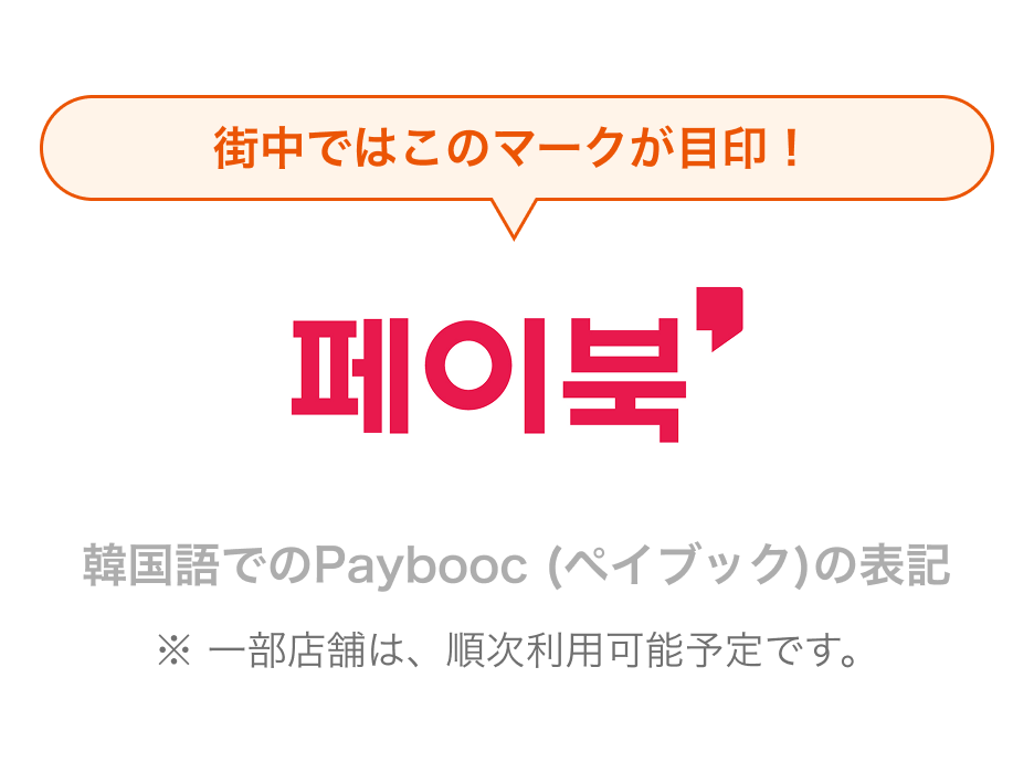 街中ではこのマークが目印！韓国語でのPaybooc (ペイブック)の表記 ※一部店舗は、順次利用可能予定です。