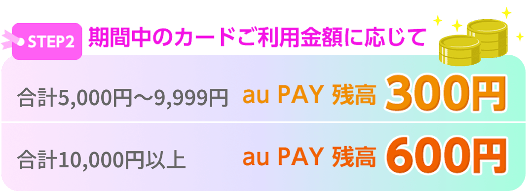 STEP2 期間中のカードご利用金額に応じて 合計5,000円～9,999円 au PAY 残高 300円 合計10,000円以上 au PAY 残高 600円